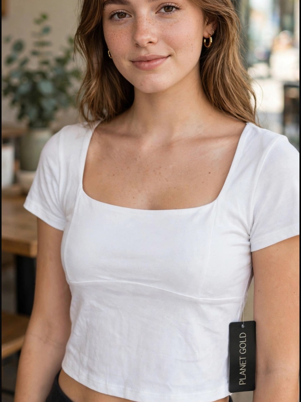Planet Gold White Square-Neck Short Sleeve Tee